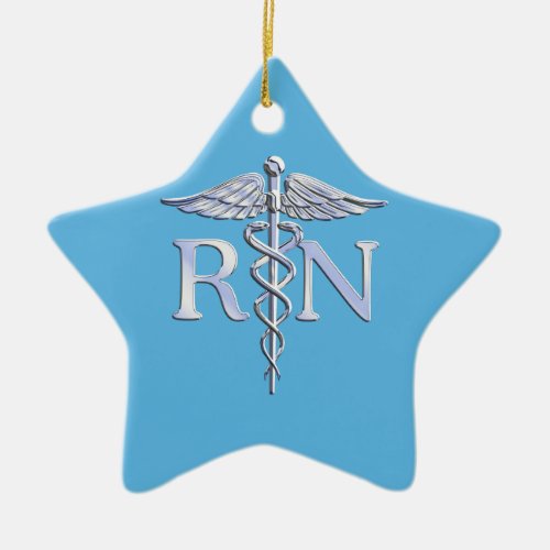 Registered Nurse RN Silver Like Caduceus Baby Blue Ceramic Ornament