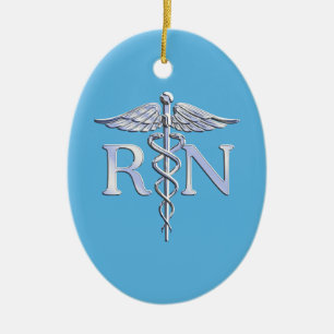 Registered Nurse RN Silver Like Caduceus Baby Blue Ceramic Ornament