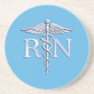 Registered Nurse RN Silver Like Caduceus Baby Blue Coaster