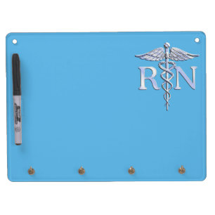 Registered Nurse RN Silver Like Caduceus Baby Blue Dry Erase Board With Keychain Holder