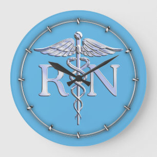 Registered Nurse RN Silver Like Caduceus Baby Blue Large Clock