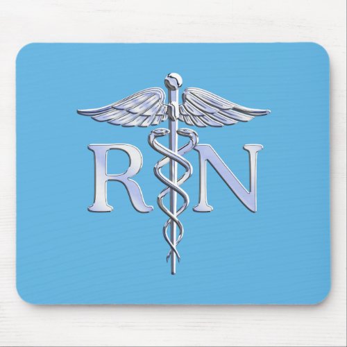 Registered Nurse RN Silver Like Caduceus Baby Blue Mouse Pad