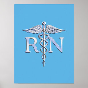 Registered Nurse RN Silver Like Caduceus Baby Blue Poster