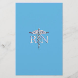 Registered Nurse RN Silver Like Caduceus Baby Blue Stationery