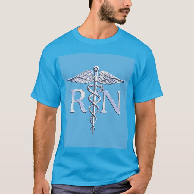 Registered Nurse RN Silver Like Caduceus Baby Blue T-Shirt (Front)