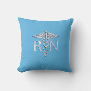 Registered Nurse RN Silver Like Caduceus Baby Blue Throw Pillow