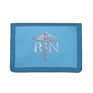 Registered Nurse RN Silver Like Caduceus Baby Blue Tri-fold Wallet