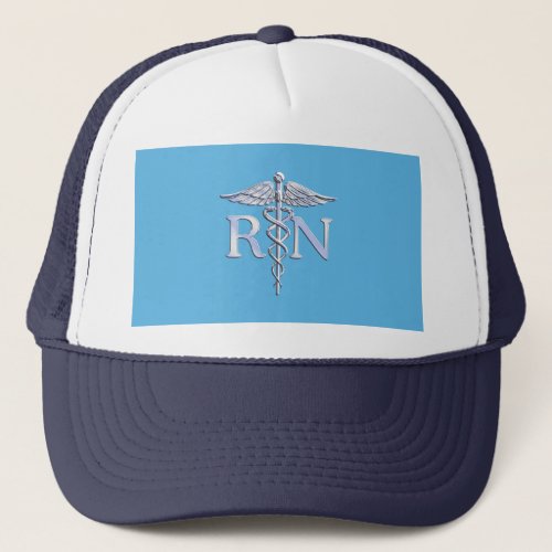 Registered Nurse RN Silver Like Caduceus Baby Blue Trucker Hat