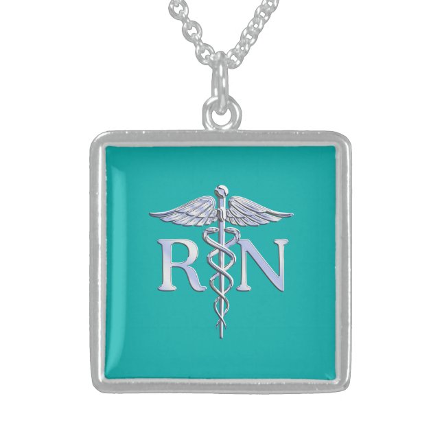 Registered Nurse RN Stylish Caduceus on Turquoise Sterling Silver Necklace (Front)