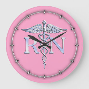 Registered Nurse Silver Caduceus Light Pink Decor Large Clock