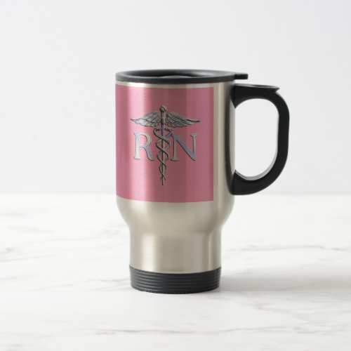 Registered Nurse Silver Caduceus Light Pink Decor Travel Mug