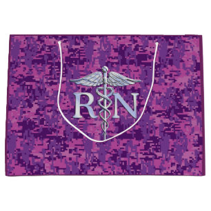 Registered Nurse Silver Caduceus Pink Camouflage Large Gift Bag