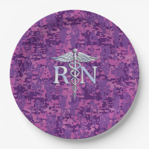 Registered Nurse Silver Caduceus Pink Camouflage Paper Plates