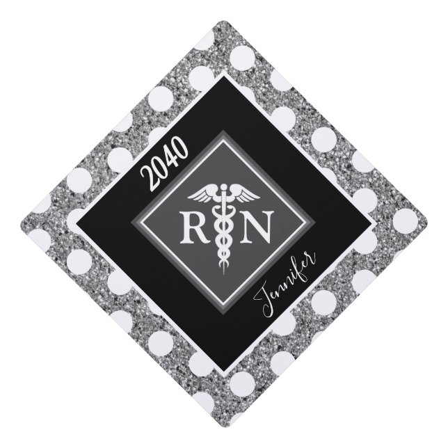 Registered Nurse Silver Glitter Black Personalized Graduation Cap Topper (Front)