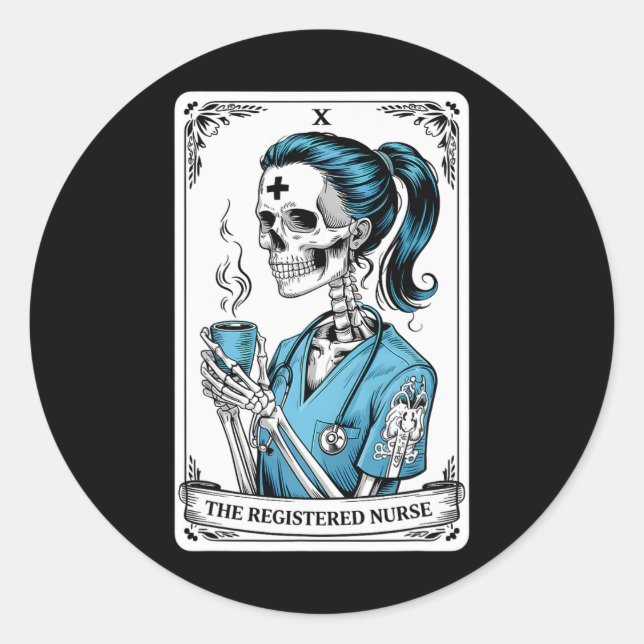 Registered Nurse Tarot Card Skeleton Nurse Hallowe Classic Round Sticker (Front)