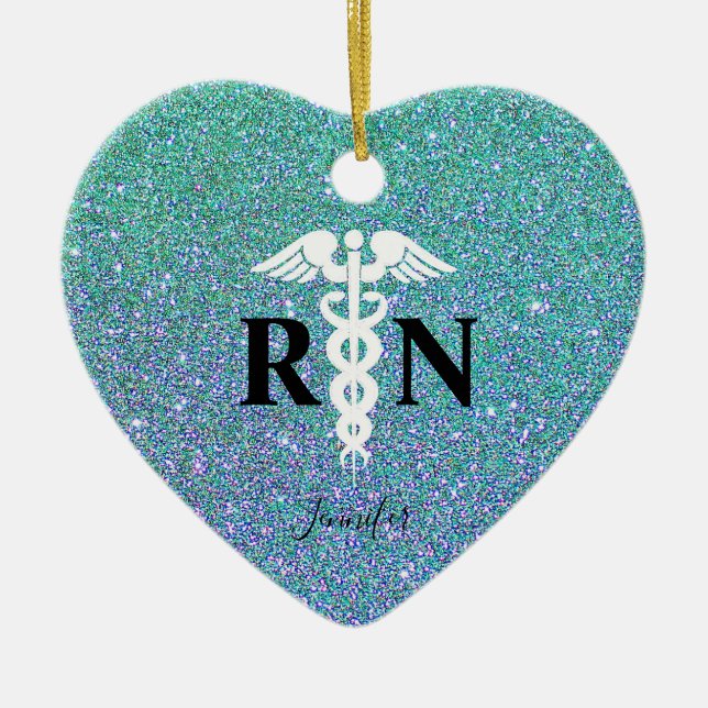 Registered Nurse Teal Blue Glitter Monogram Heart Ceramic Ornament (Front)