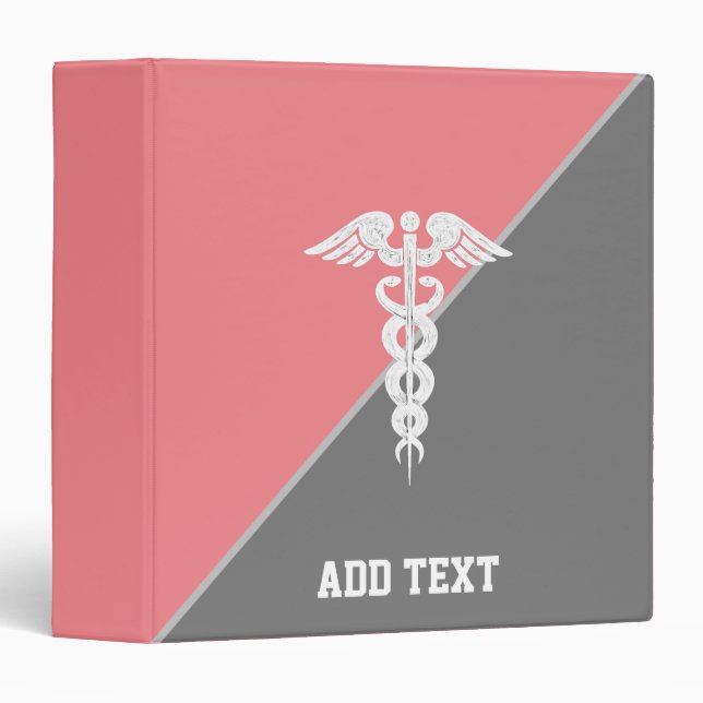 Registered Nurse White Caduceus Coral Pink Grey 3 Ring Binder (Front/Spine)