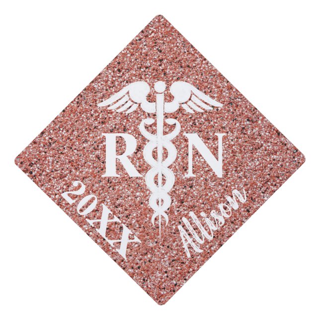 Registered Nurse White Caduceus Rose Gold Glitter Graduation Cap Topper (Front)