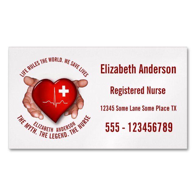 Registered Nurse With Red Heart In Hands Business Card Magnet (Front)