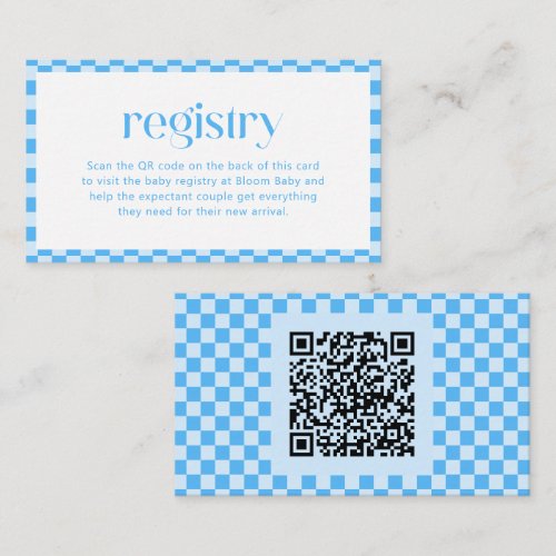 Registry Blue Checkered Retro Baby Boy Shower QR Enclosure Card