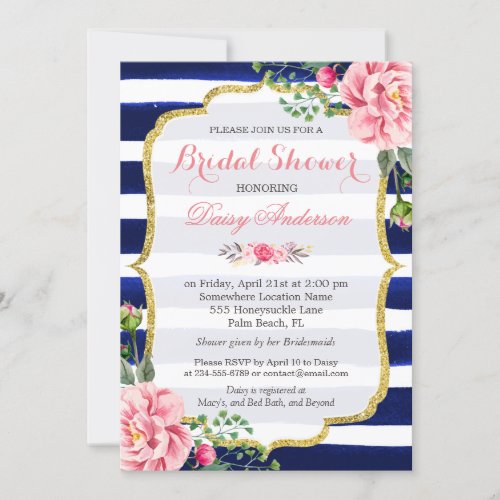Registry Bridal Shower Navy Blue Stripes Flowers Invitation