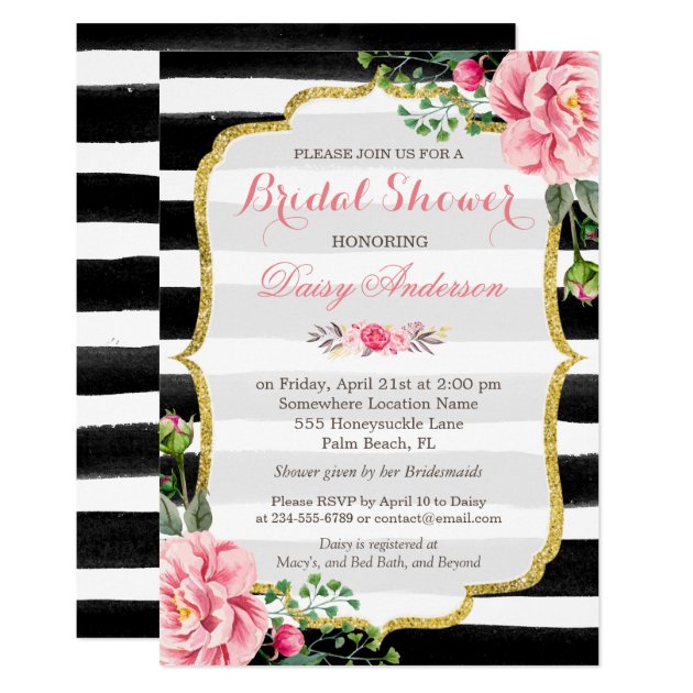(Registry) Bridal Shower Watercolor Floral Stripes Invitation