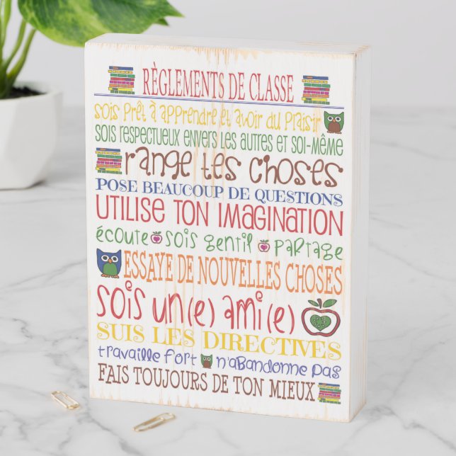 Reglements de Classe, Classroom Rule, French  Wooden Box Sign (In Situ Vertical)