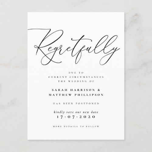 Regretfully Black  White Postponed Wedding Invitation Postcard