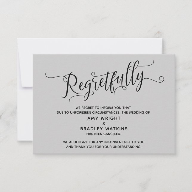 Regretfully Elegant Gray Canceled Wedding Card (Front)