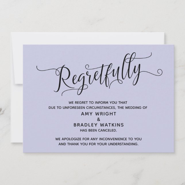 Regretfully Elegant Lavender Canceled Wedding Card (Front)
