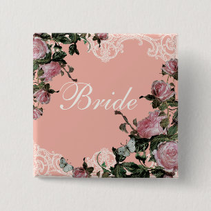 Rehearsal Bridal Party tags, Trellis Rose Vintage Button