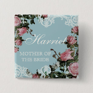 Rehearsal Bridal Party tags, Trellis Rose Vintage Pinback Button