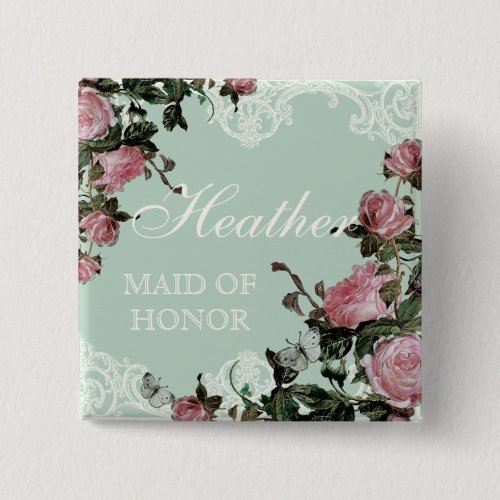 Rehearsal Bridal Party tags Trellis Rose Vintage Pinback Button