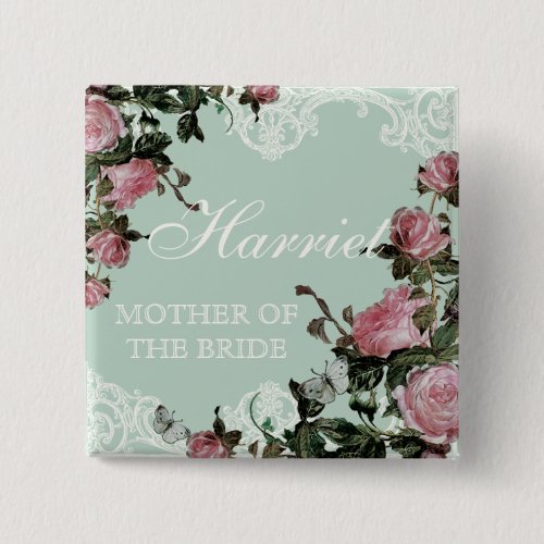 Rehearsal Bridal Party tags Trellis Rose Vintage Pinback Button