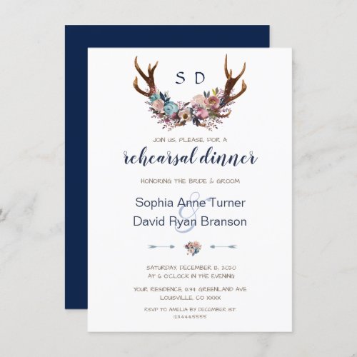 Rehearsal Dinner  Antlers Dusty Blue Pink Floral Invitation