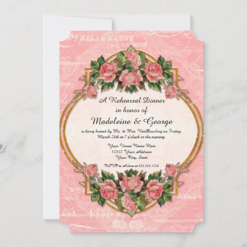 Rehearsal Dinner Art Nouveau Gold Glitter Roses Invitation