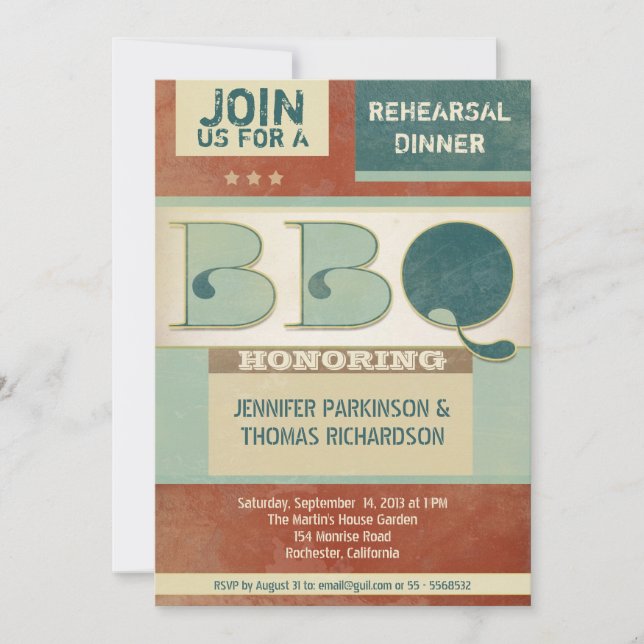 rehearsal dinner barbeque vintage party invitation (Front)
