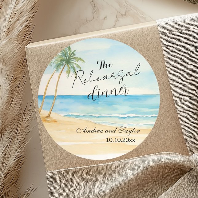 Rehearsal Dinner Beach and Palm Trees Wedding Classic Round Sticker (Creator Uploaded)