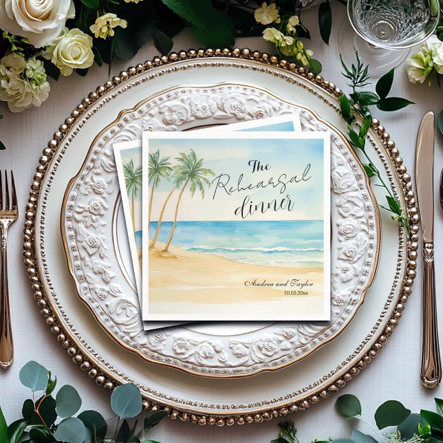Rehearsal Dinner Beach and Palm Trees Wedding Napkins (Creator Uploaded)