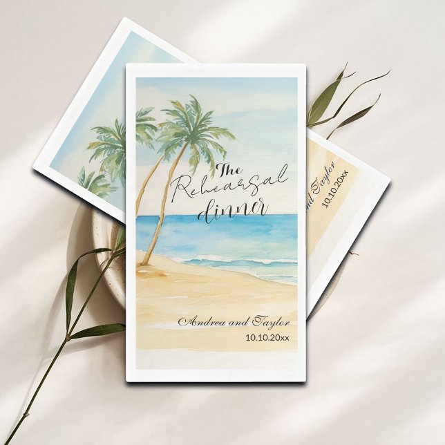 Rehearsal Dinner Beach and Palm Trees Wedding Paper Guest Towels (Creator Uploaded)