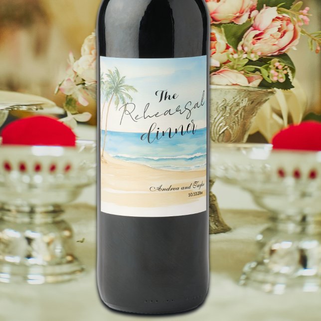 Rehearsal Dinner Beach and Palm Trees Wedding Wine Label (Creator Uploaded)