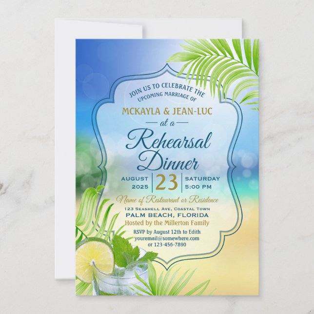 Rehearsal Dinner Beach Wedding Palm Tree Leaves Invitation (Front)