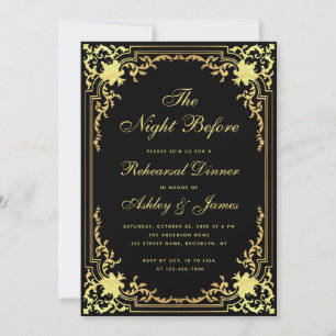 Rehearsal Dinner Black Faux Gold Elegant Vintage Invitation