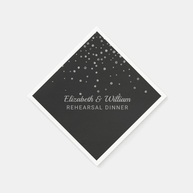 Rehearsal Dinner | Black Silver Confetti Wedding Paper Napkins (Corner)
