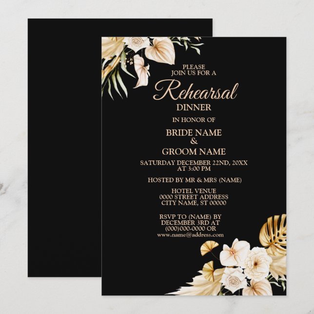 Rehearsal Dinner Blush Pink Floral Golden Black Invitation (Front/Back)
