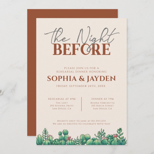 Rehearsal Dinner BOHO Cactus Terracotta Fall Burnt Invitation (Front/Back)