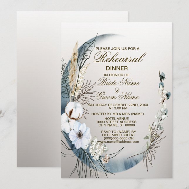 Rehearsal Dinner Boho White Flower Blue Moon Party Invitation (Front/Back)
