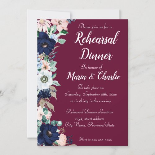 Rehearsal Dinner burgundy  Elegant Florals Invitation