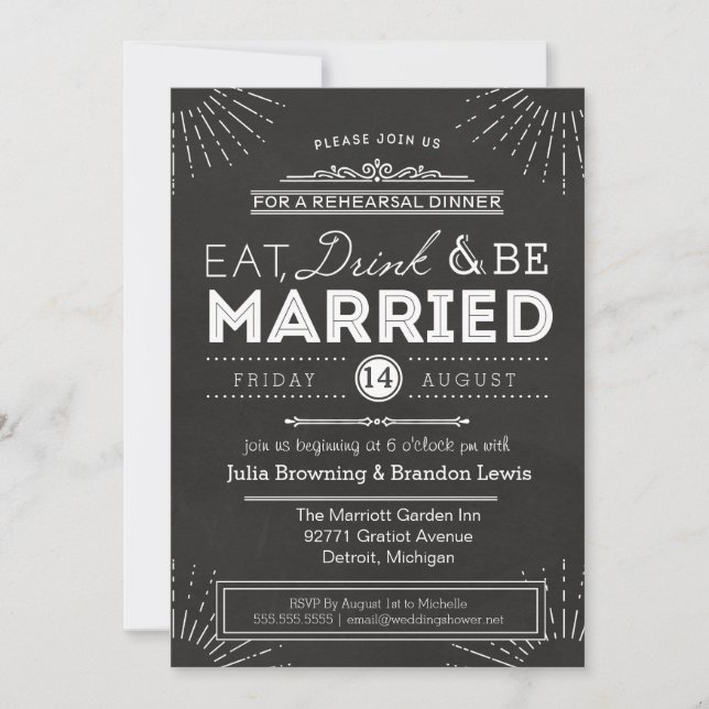 Rehearsal Dinner Chalkboard Art Deco | Eat, Drink Invitation (Front)