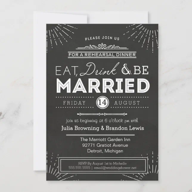 Rehearsal Dinner Chalkboard Art Deco | Eat, Drink Invitation | Zazzle